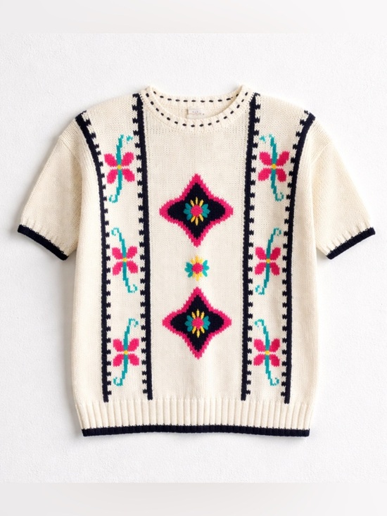 Vintage Sweaters - Vintage Lauren Grey Knit Floral Colorful Short Sleeve Sweater NWT Oversized Sz M